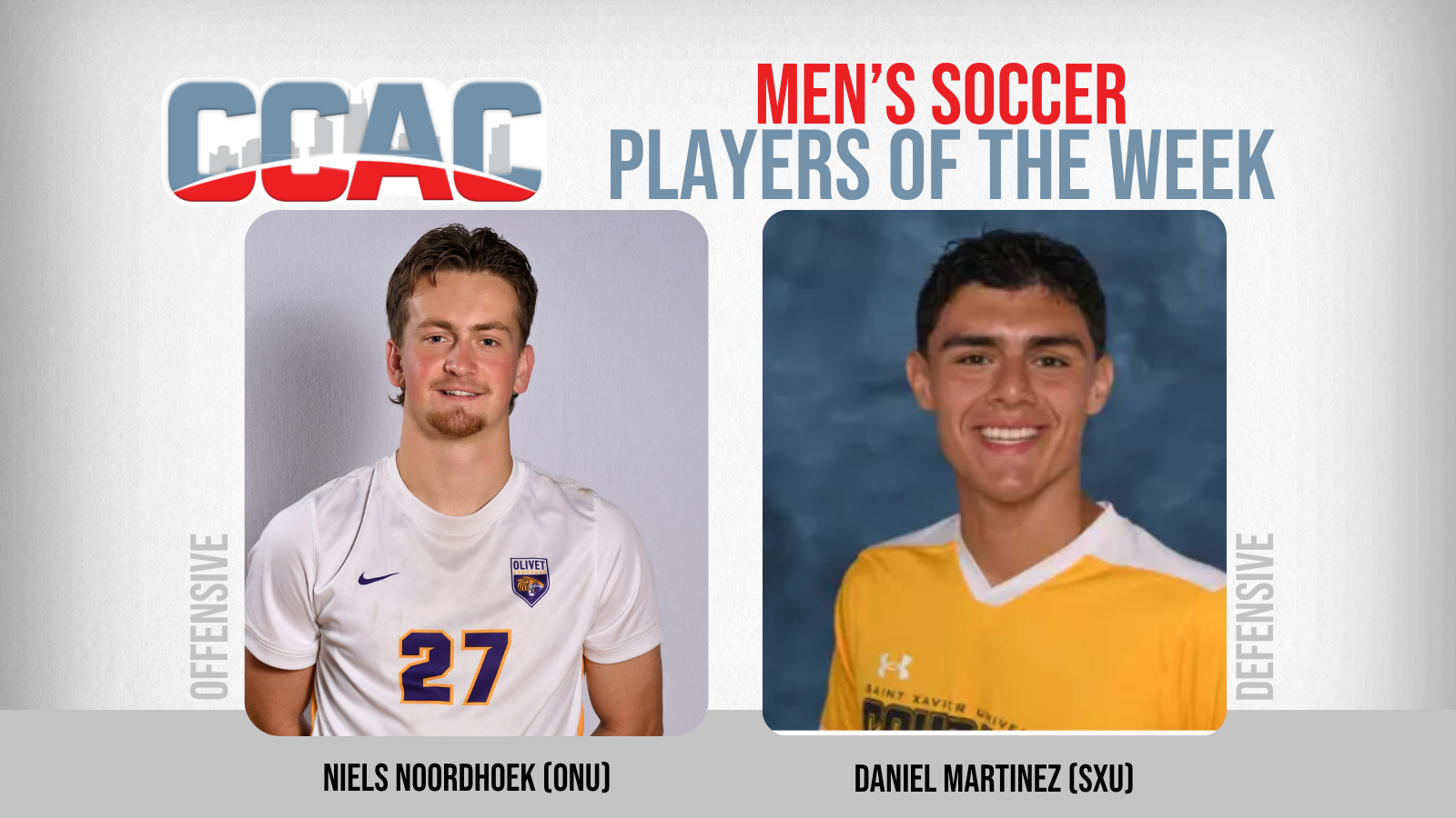 ONU's Noordhoek, SXU's Martinez Notch Men's Soccer Weekly Accolades