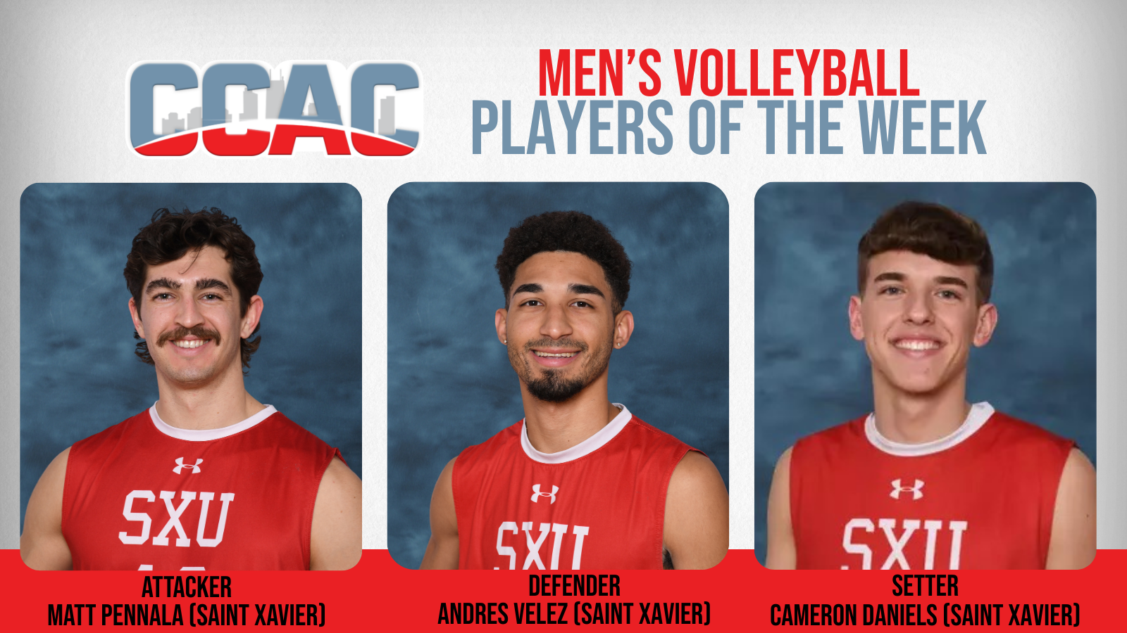 League Wins Secure Weekly Men's Volleyball Honors For SXU's Pennala, Velez, Daniels